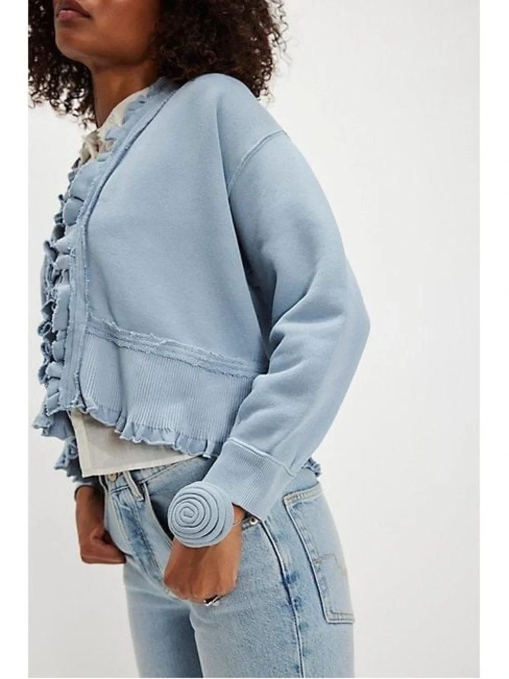 Free People Beige Ruffle-Trim Teddy Jacket